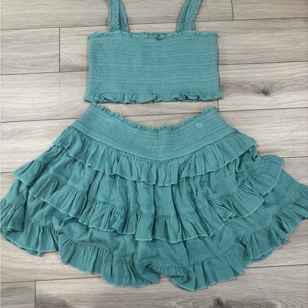 Free People Teal Ruffled Crop Top and Skirt Set
